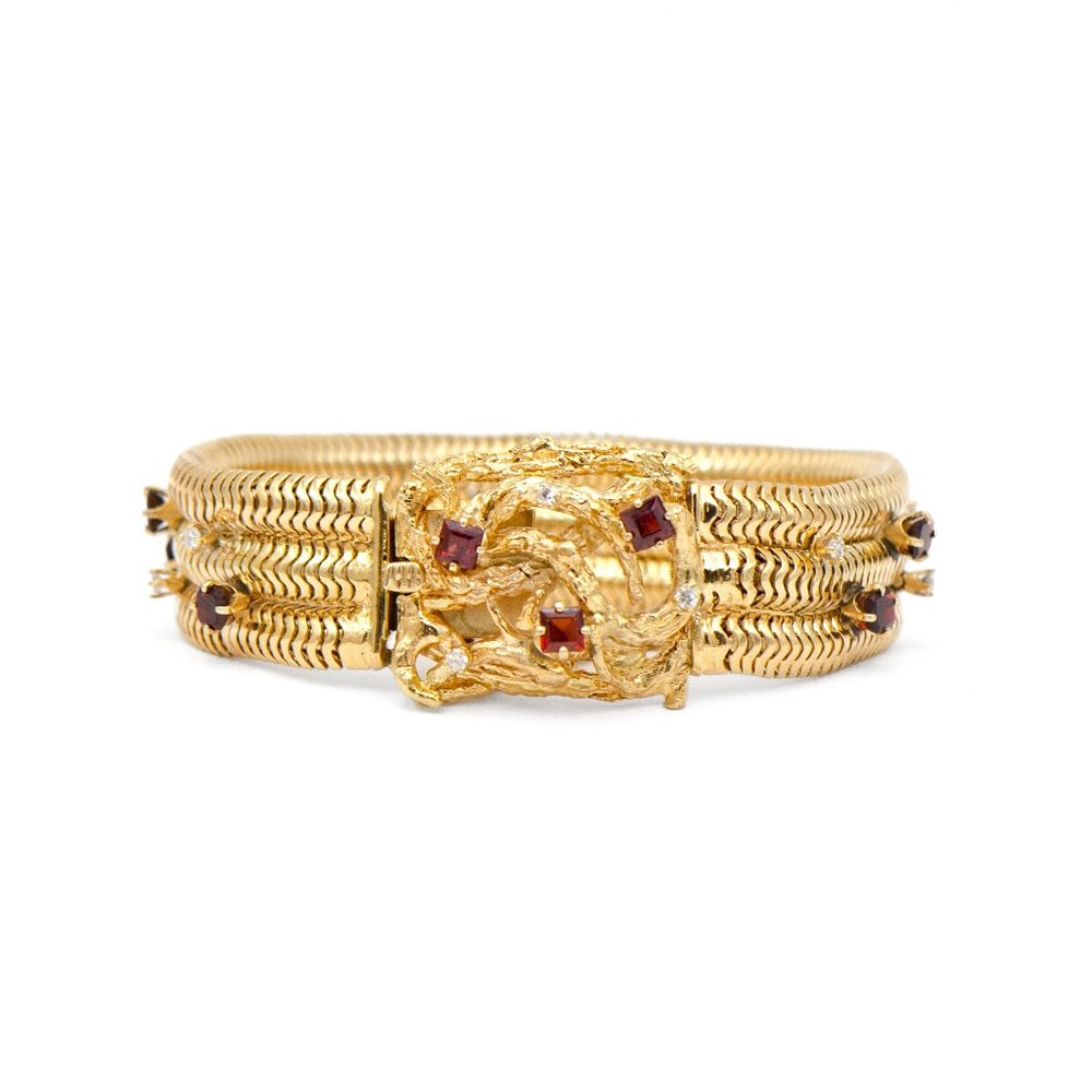 Vintage 14k Yellow Gold Garnet & Diamond Bracelet
